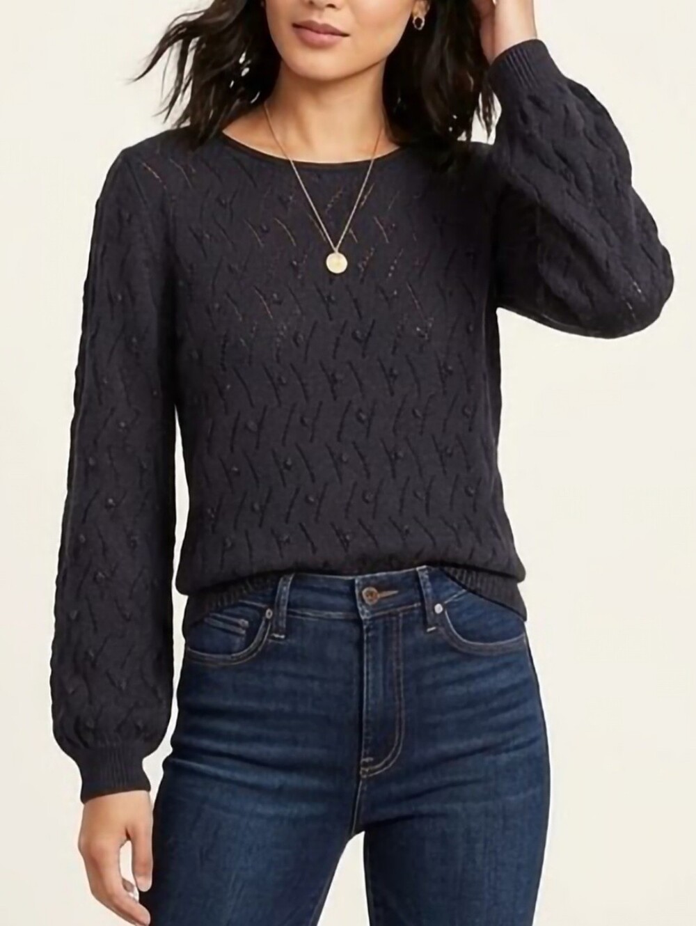 Ann Taylor Factory Cotton Cable-Knit Crewneck Sweater Black Medium